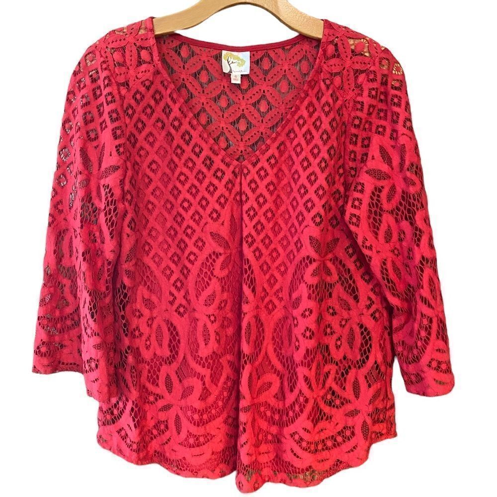 Fig and Flower Sz S Red Lace Boho Flared Sleeves 2-Piece Tank & Overlay Top